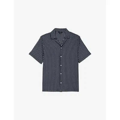 Reiss Mens Navy White Griff Cuban-collar Striped Stretch-woven Shirt In Multi