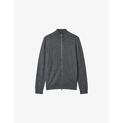 Reiss Mens Hampshire Funnel-neck Zip-through Merino-wool Cardigan Derby Grey Marl