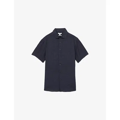 Reiss Mens Navy Holiday Square-collar Short-sleeve Linen Shirt Xs In Blue