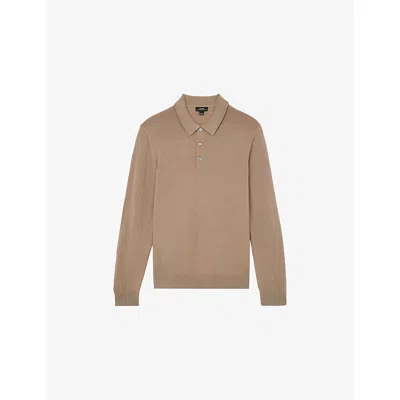 Reiss Mens  Jay Long-sleeved Merino Wool Polo Shirt In Brown