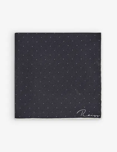 Reiss Mens Navy Liam Polka-dot Logo-print Silk Pocket Square