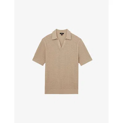 Reiss Mens Light Camel Brown Merit Short-sleeved Knitted Polo Shirt