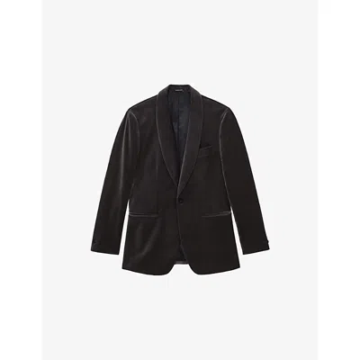 Reiss Mens Grey Mount Shawl-lapel Single-breasted Stretch-velvet Blazer In Gray
