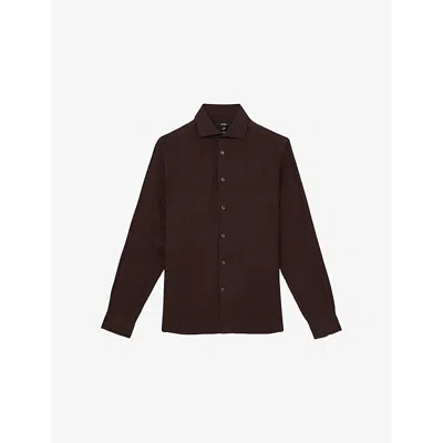 Reiss Mens Ruban Classic Collar Linen Shirt Dark Brown