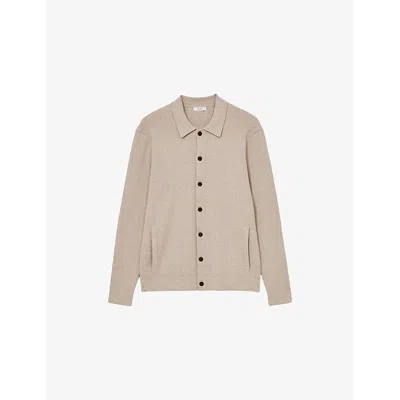 Reiss Mens Oatmeal Melange Saint Polo-collar Long-sleeve Ribbed Knitted Cardigan
