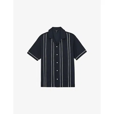 Reiss Mens Navy White Sander Cuban-collar Striped Stretch-woven Shirt Xl In Black