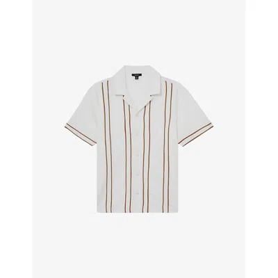 REISS MENS WHITE CAMEL SANDER CUBAN-COLLAR STRIPED STRETCH-WOVEN SHIRT XL