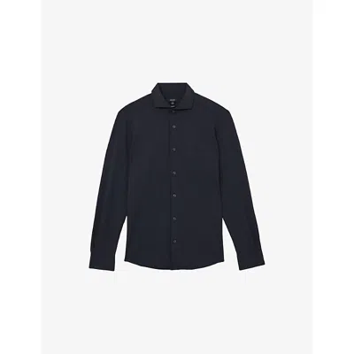 Reiss Mens Navy Solarko Cutaway-collar Stretch-woven Seersucker Shirt In Black