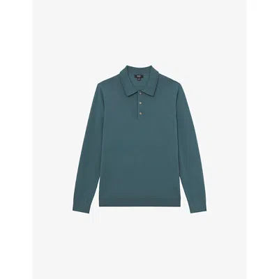 REISS MENS ORION BLUE TRAFFORD REGULAR-FIT LONG-SLEEVE MERINO-WOOL POLO