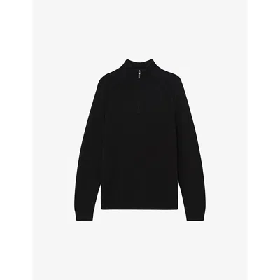 Reiss Mens Roberts Seam-detail Half-zip Wool Knitted Jumper All Black