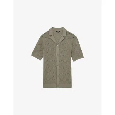 REISS MENS ROYCE POINTELLE SHORT-SLEEVE COTTON SHIRT SAGE GREEN