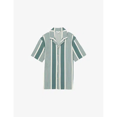 Reiss Mens Striped Short-sleeved Stretch-woven Shirt Sage White