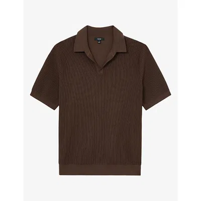 Reiss Mens Sailor Ribbed Open-collar Stretch-knit Polo Chocolate Brown