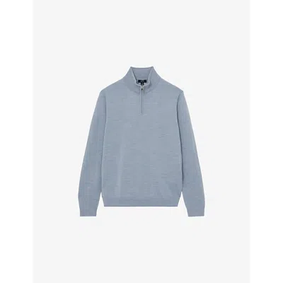 Reiss Mens Blackhall Half-zip Funnel-neck Wool Knitted Jumper Soft Blue Melange Xxl