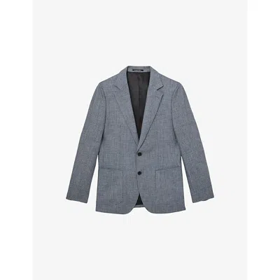 Reiss Mens Reef Notch-lapel Single-breasted Checked Linen Blazer Soft Blue In Gray
