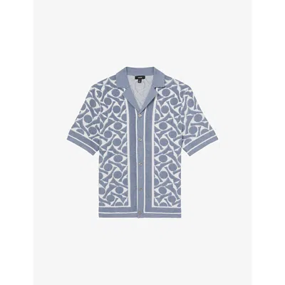 Reiss Mens Edmonds Geometric-pattern Towelling Shirt Soft Blue White