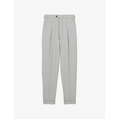 Reiss Mens  Checked Waist-adjuster Wool And Linen Trousers In Soft Grey Melange