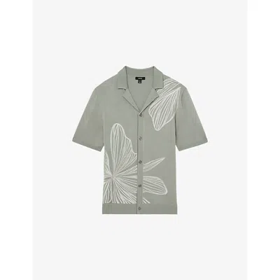 Reiss Mens Laurent Floral-embroidered Stretch-knit Shirt Soft Sage In Gray