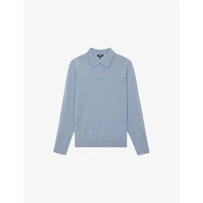 Reiss Mens Steel Blue Trafford Half-button Merino-wool Polo
