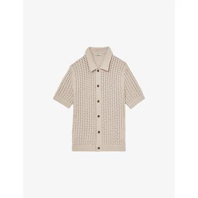 Reiss Mens Stone Toby Basketweave-knit Stretch Cotton-blend Shirt In Neutral