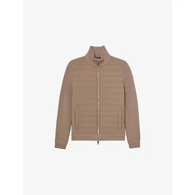 Reiss Mens Taupe Brown Townsend Funnel-neck Quilted Knitted Jacket