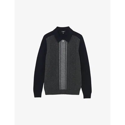 Reiss Mens  Tennant Colour-block Zip-through Wool Cardigan In Navy/grey