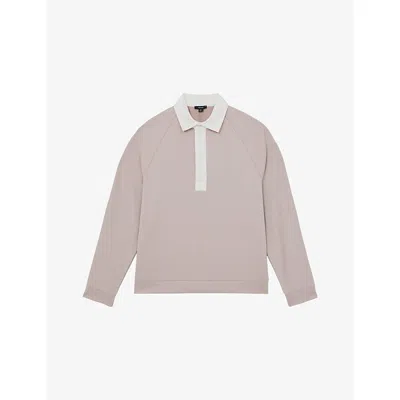 Reiss Mens Thurloe Contrast-neck Long-sleeve Stretch-jersey Rugby Shirt Oatmeal White Xs In Gray