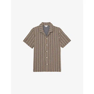 Reiss Mens Tobacco Brown Vallata Cuban-collar Abstract-stripe Stretch-knit Shirt Xs