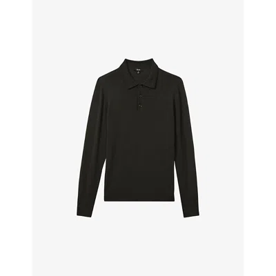 Reiss Mens Forest Trafford Long-sleeve Merino-wool Polo Top In Forest
