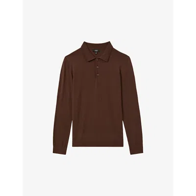 Reiss Mens Treacle Brown Trafford Button-neck Slim-fit Wool Jumper In Treacle Brown
