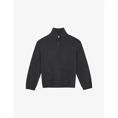 Reiss Mens Washed Black Quinn Half-zip Cotton-blend Sweatshirt