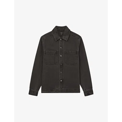 Reiss Mens Washed Black Tore Button-through Denim Overshirt