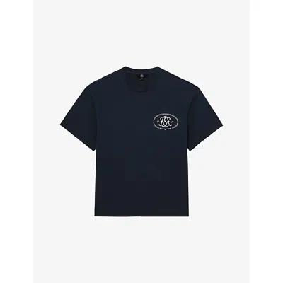 Reiss Mens Washed Navy Clement Branded-print Cotton-jersey T-shirt In Blue
