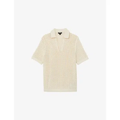 Reiss Mens White Bronwyn Open-collar Crochet Polo In Neutral