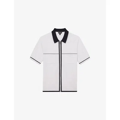 Reiss Mens White Navy Blue Baxter Zip-up Stretch-knit Shirt