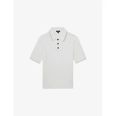 Reiss Mens White Soft Grey Denby Cable-knit Cotton Polo Shirt Xl