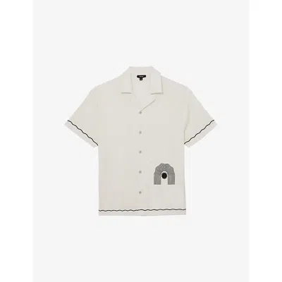 Reiss White Solano Textured Motif-print Cuban-collar Shirt In Neutral