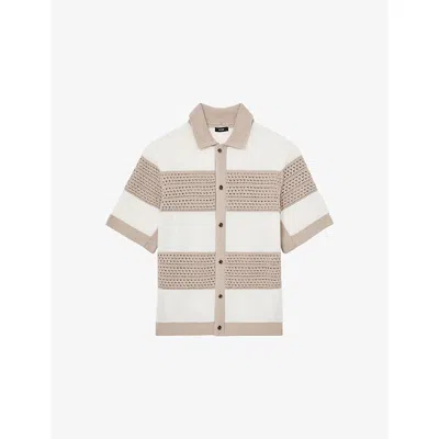 Reiss Mens White Stone Marek Stripe-print Knitted Cotton Shirt Xl In Brown