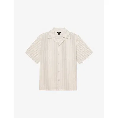 Reiss Mens White Taupe Brown Easton Striped Stretch Cotton-blend Shirt Xs