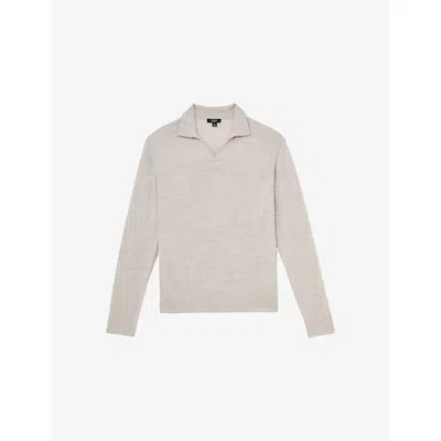 Reiss Mens Wicker Brown Melange Milburn Open-neck Long-sleeve Merino-wool Jumper In Gray