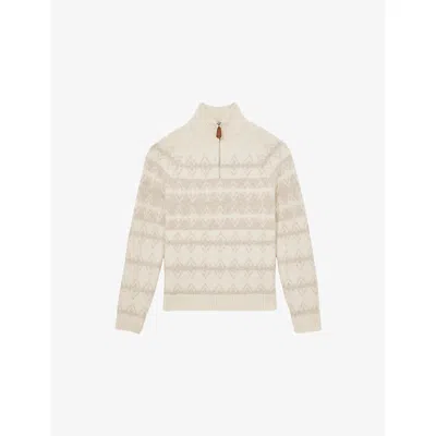 REISS MENS WINTER WHITE OATMEAL CLAUS HALF-ZIP WOOL-BLEND FAIRISLE JUMPER XS