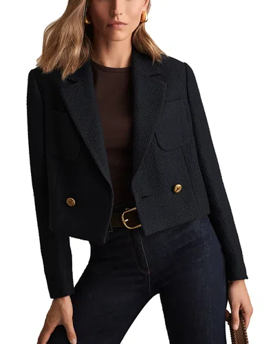 Reiss Mia Cropped Double Breasted Textured Blazer Navy In Black