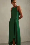 Reiss Micah - Green Petite Satin Drape Tuck Midi Dress, Us 10