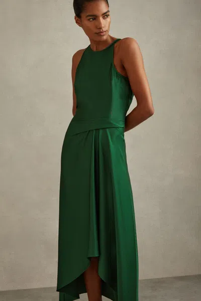 Reiss Micah - Green Petite Satin Drape Tuck Midi Dress, Us 12