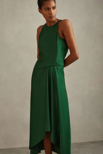 Reiss Green Petite Satin Drape Tuck Midi Dress
