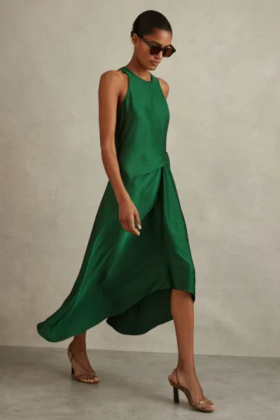 Reiss Micah - Green Satin Drape Tuck Midi Dress, Us 0