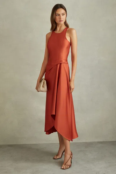 Reiss Micah - Rust Satin Drape Tuck Midi Dress, Us 0