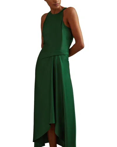 Reiss Green Micah Satin Drape Tuck Midi Dress