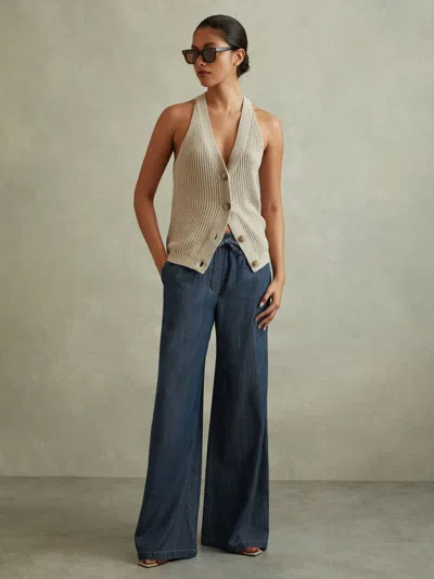 Reiss Mid Blue Denim Look Wide Leg Trousers