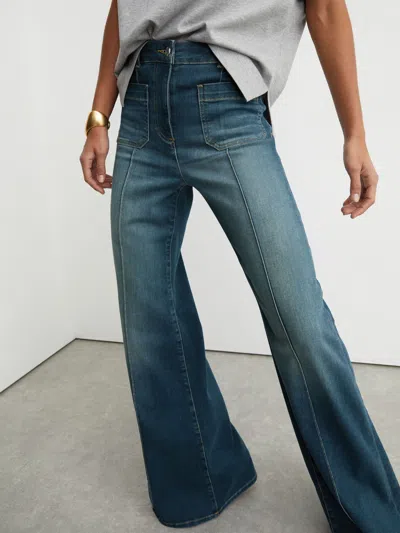 Reiss Mid Blue Flared Patch-pocket Flared Jeans